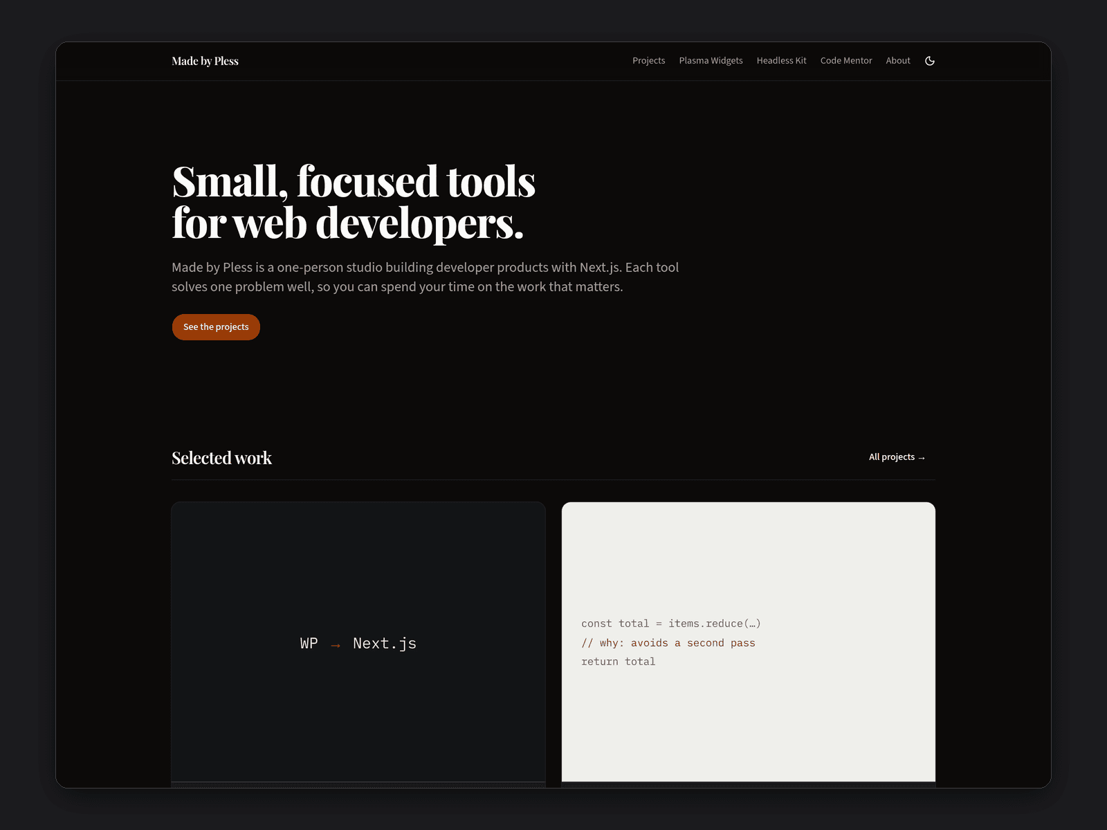 Homepage in the Editorial look, dark mode