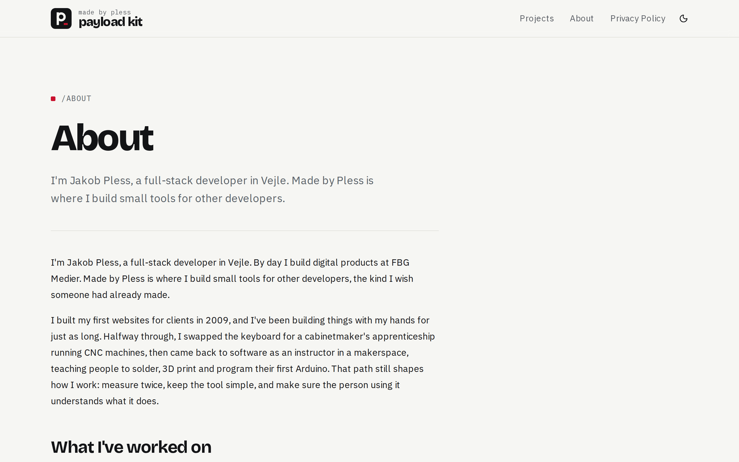 Payload Kit About page: a /about label, the page title, a lead paragraph and rich-text body content