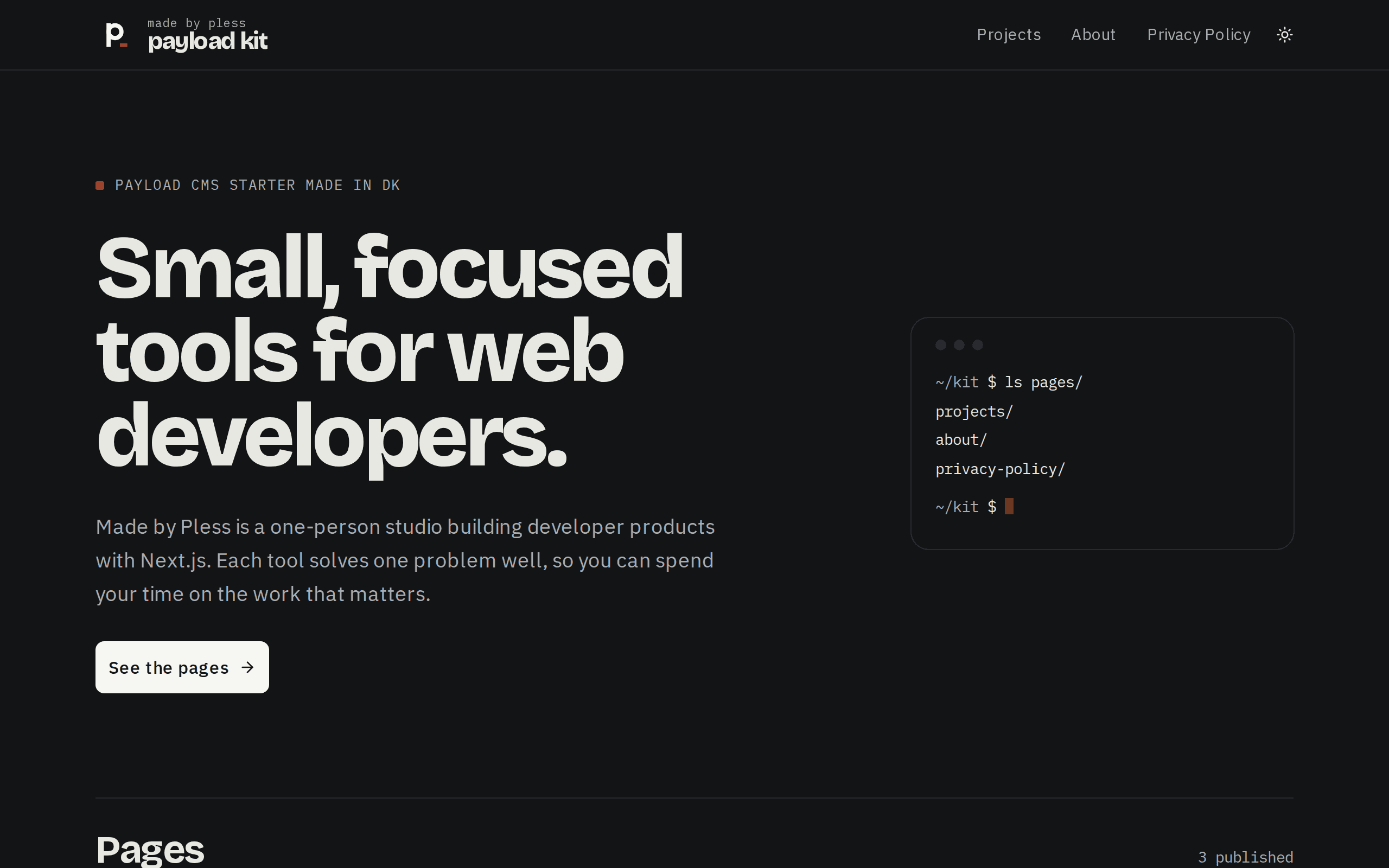 Payload Kit front page in dark mode, with light text on a near-black background