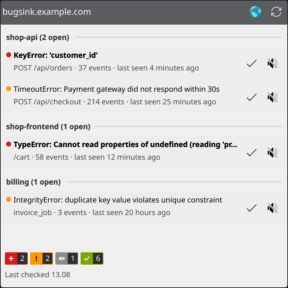 Bugsink Status popup: open issues grouped by project with error type and message, events and last seen, and resolve and mute buttons