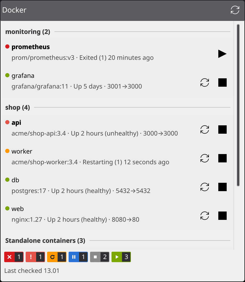Docker Status popup: containers grouped by Compose project with a state dot, image, status and ports, and start, stop and restart buttons