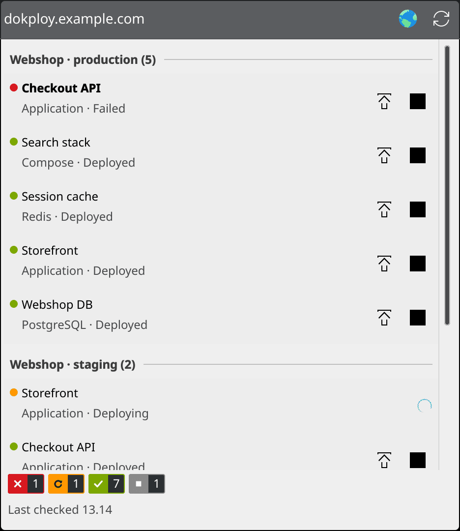 Dokploy Status popup: services grouped by project and environment with type and status, deploy and stop buttons, and a spinner on the one that is deploying
