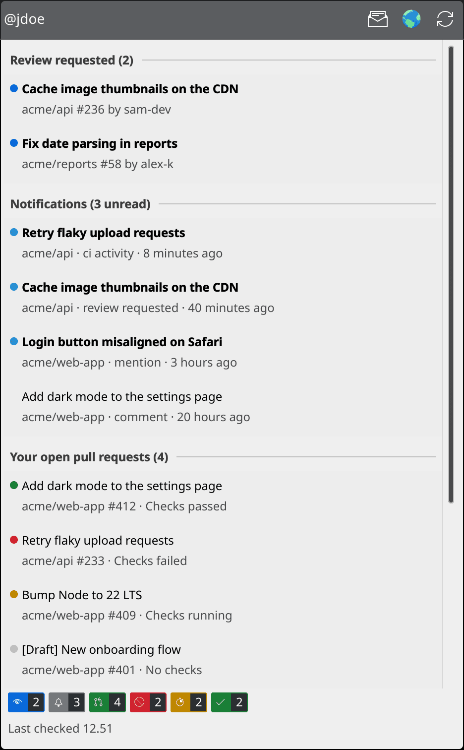 GitHub Account popup: review requests, notifications with unread ones in bold, open pull requests with check dots, and the count badges along the bottom