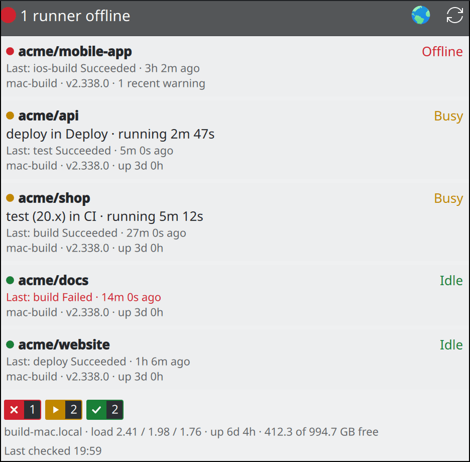 Runner Status popup: self-hosted runners with their state, the running job, the last finished job and recent warnings, and the host's load, uptime and free disk