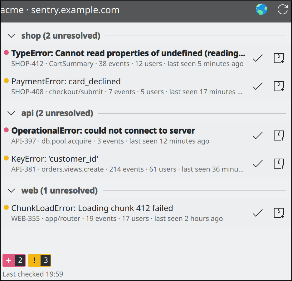 Sentry Status popup: unresolved issues grouped by project with error title, short ID, events, users and last seen, and resolve and archive buttons